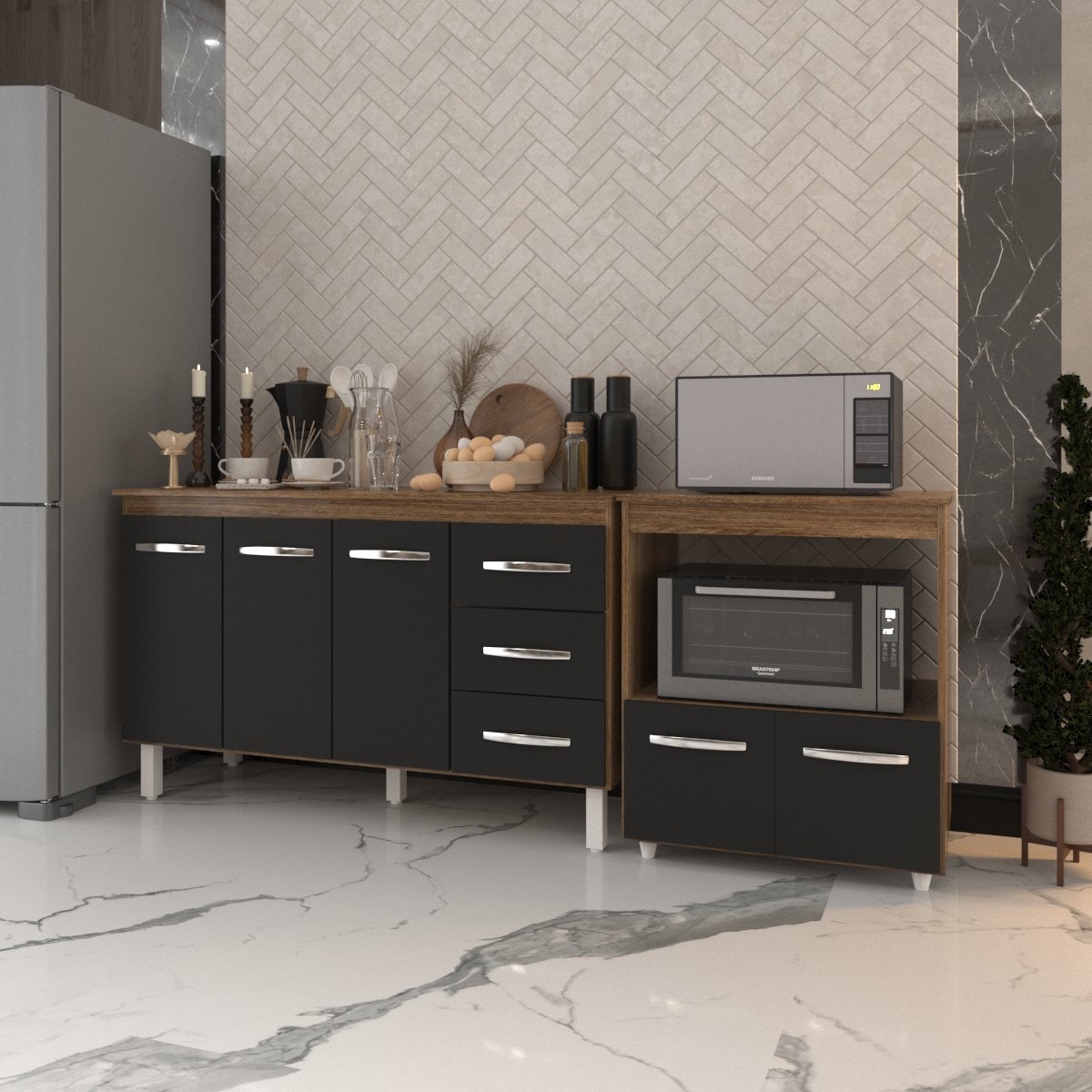 Gabinete Armário Carine 138 cm com Tampo Tampão e Balcão Amanda para Forno e Microondas Savana com Preto 