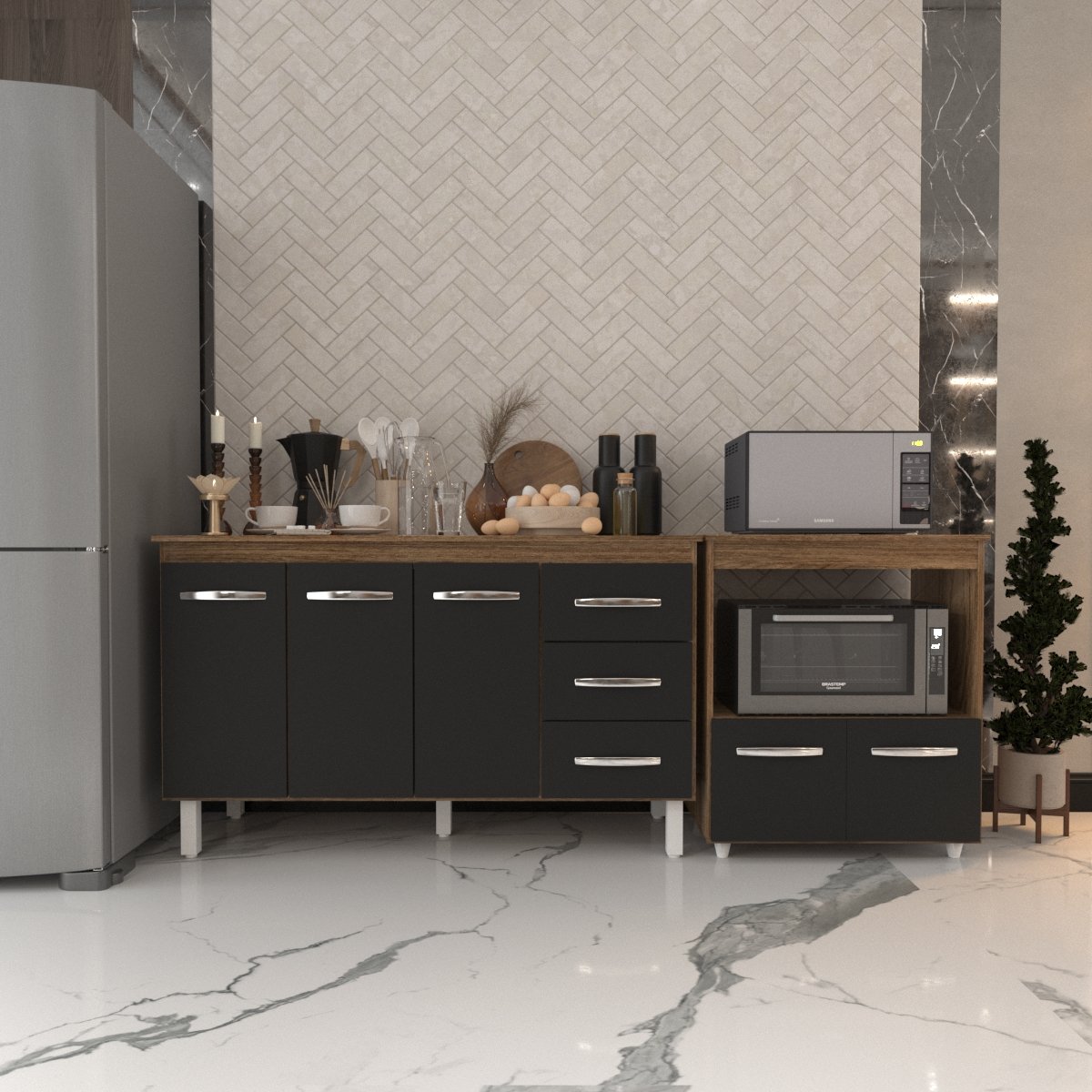 Gabinete Armário Carine 138 cm com Tampo Tampão e Balcão Amanda para Forno e Microondas Savana com Preto 