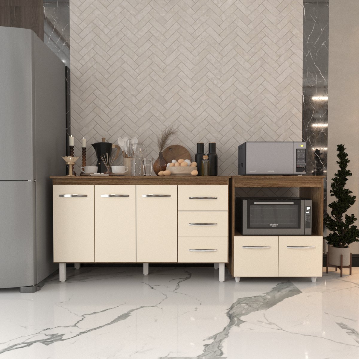 Gabinete Armário Carine 138 cm com Tampo Tampão e Balcão Amanda para Forno e Microondas Savana e Off White 