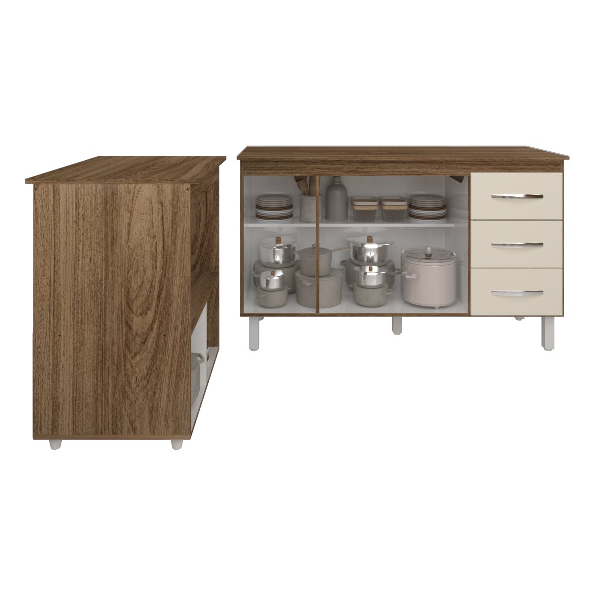 Gabinete Armário Carine 138 cm com Tampo Tampão e Balcão Amanda para Forno e Microondas Savana e Off White 