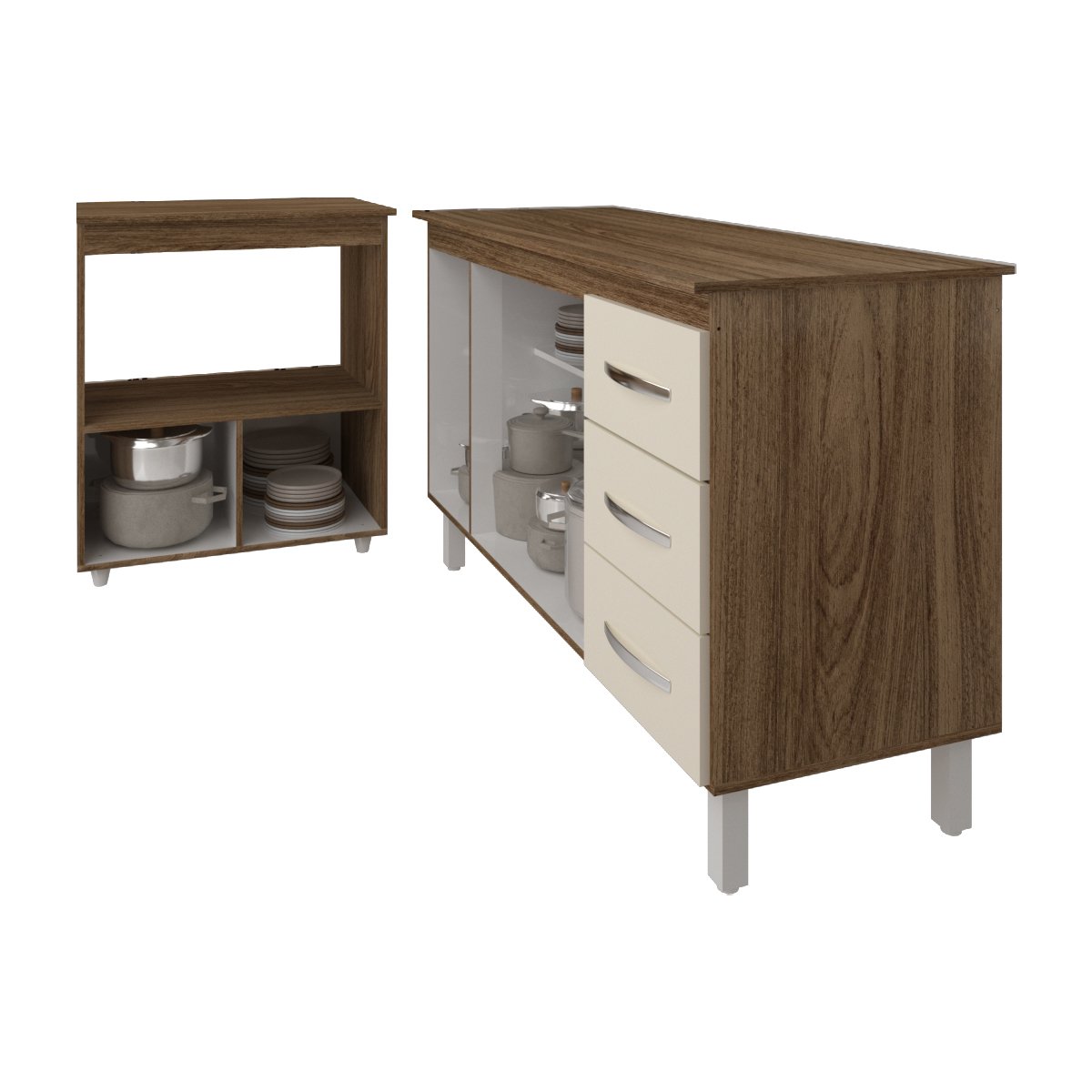 Gabinete Armário Carine 138 cm com Tampo Tampão e Balcão Amanda para Forno e Microondas Savana e Off White 