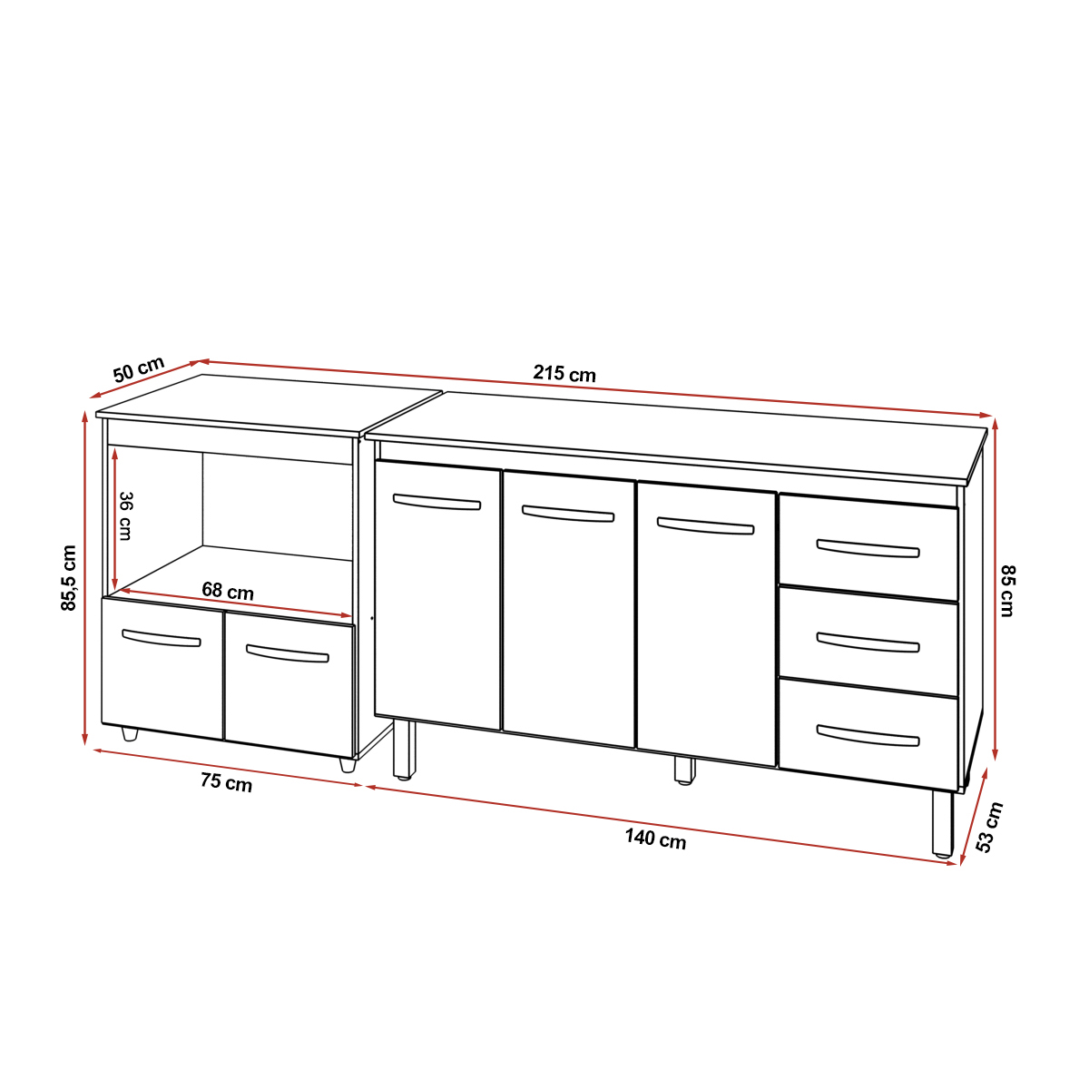 Gabinete Armário Carine 138 cm com Tampo Tampão e Balcão Amanda para Forno e Microondas Savana e Off White 