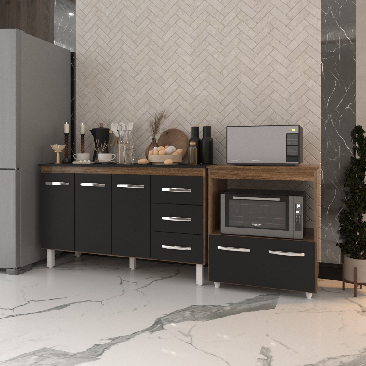 Gabinete Armário Carine 138 cm com Tampo Tampão e Balcão Amanda para Forno e Microondas Savana e Preto 