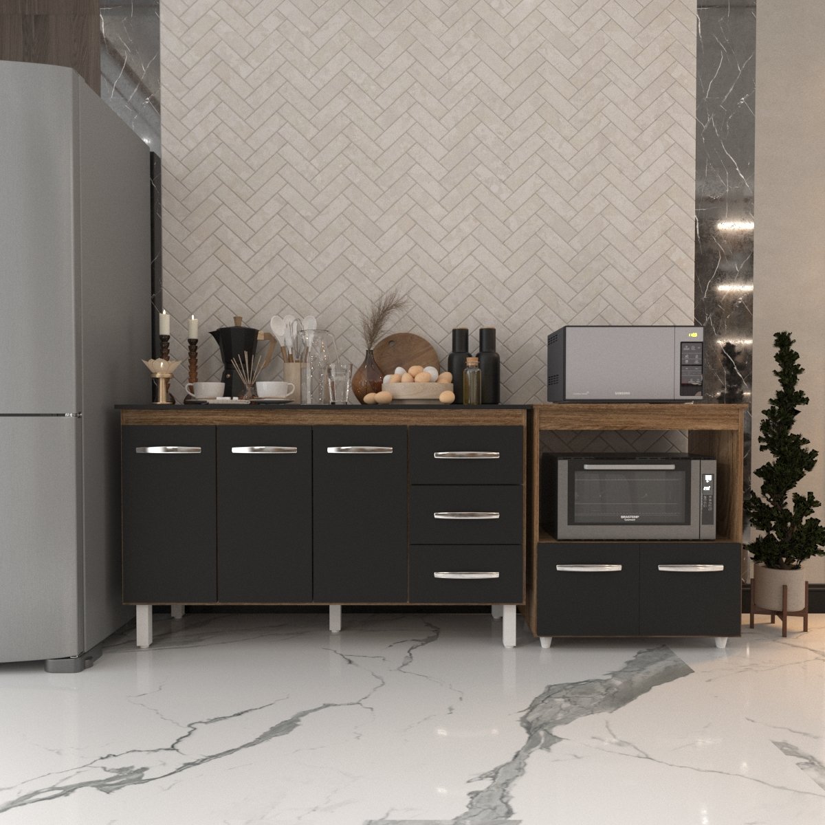 Gabinete Armário Carine 138 cm com Tampo Tampão e Balcão Amanda para Forno e Microondas Savana e Preto 