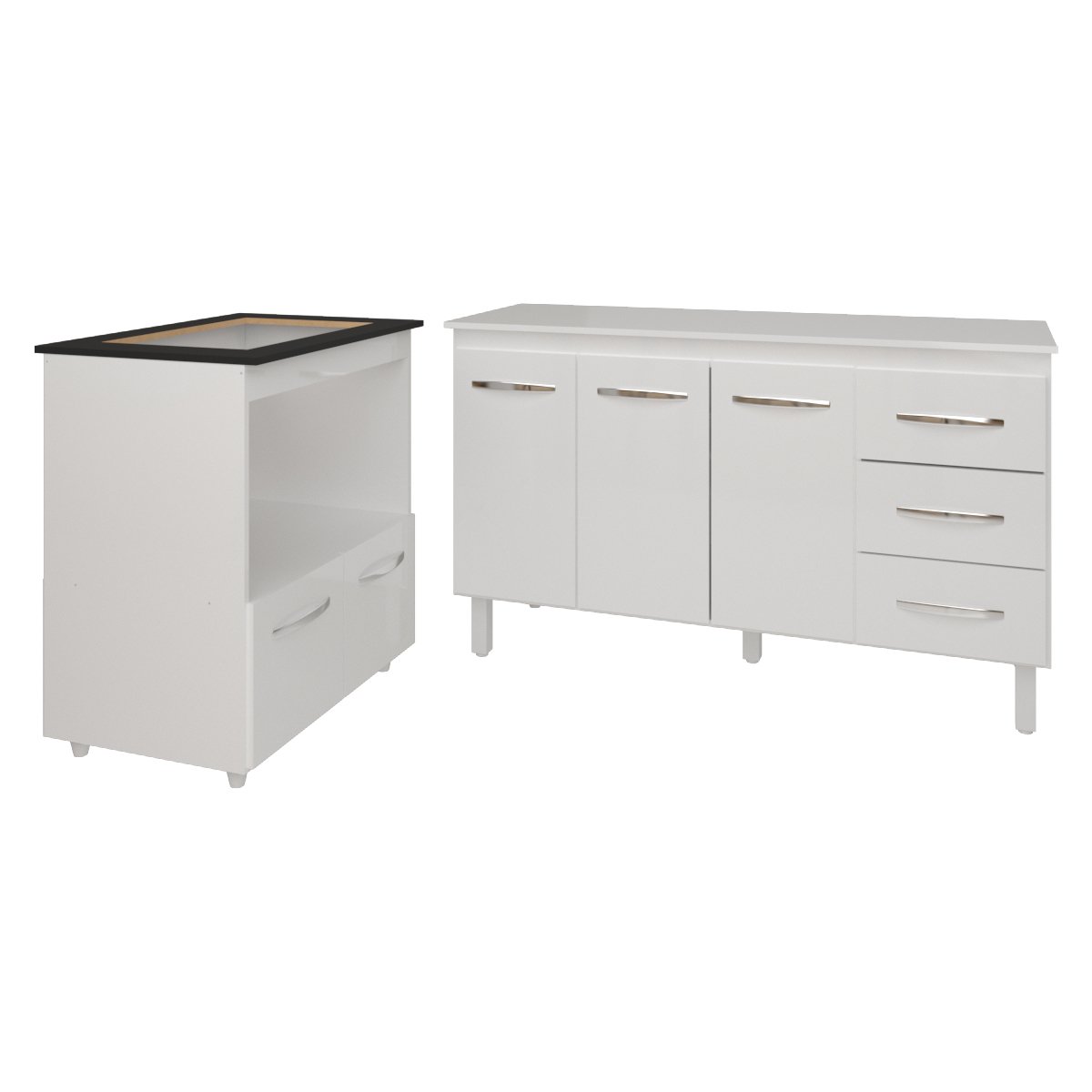 Gabinete Armário Carine 138 cm com Tampo Tampão e Balcão Evelyn Para cooktop 4 Bocas Branco 