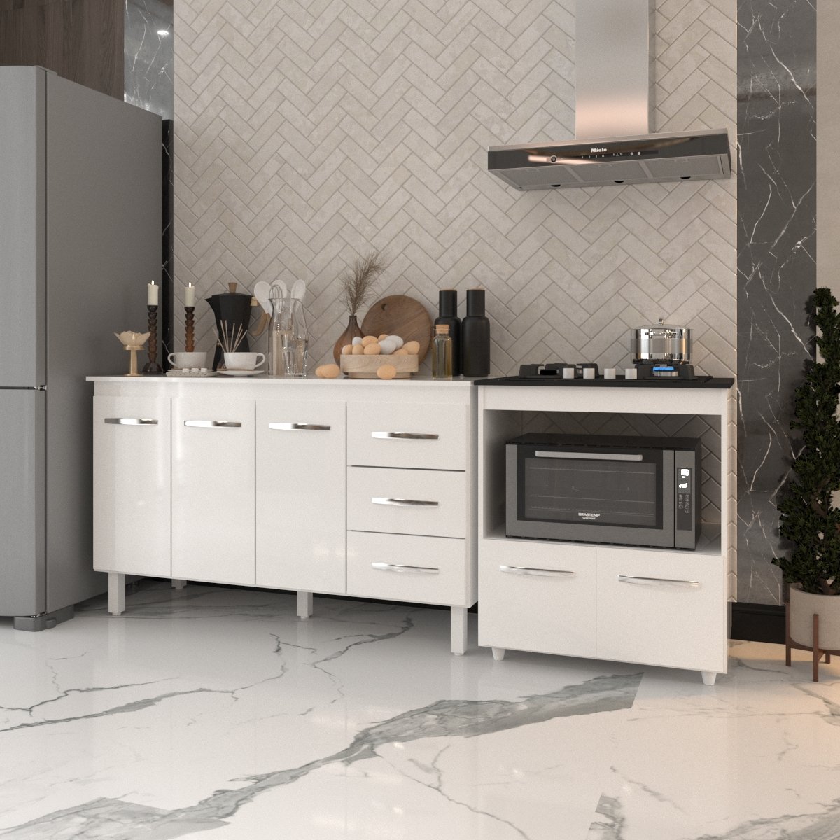 Gabinete Armário Carine 138 cm com Tampo Tampão e Balcão Evelyn Para cooktop 4 Bocas Branco 