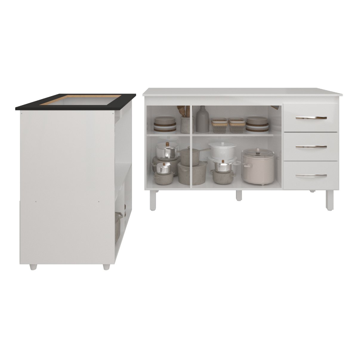Gabinete Armário Carine 138 cm com Tampo Tampão e Balcão Evelyn Para cooktop 4 Bocas Branco 