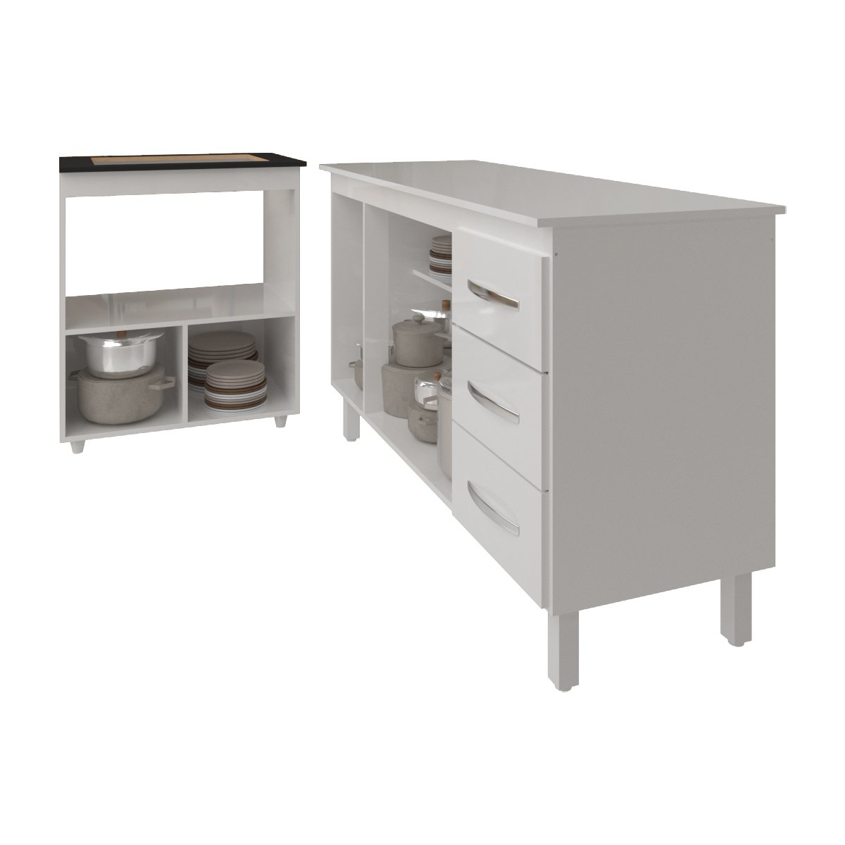 Gabinete Armário Carine 138 cm com Tampo Tampão e Balcão Evelyn Para cooktop 4 Bocas Branco 