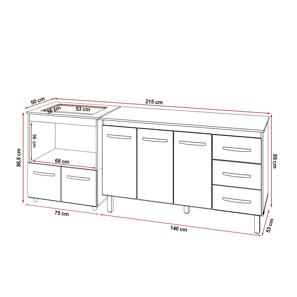 Gabinete Armário Carine 138 cm com Tampo Tampão e Balcão Evelyn Para cooktop 4 Bocas Branco 