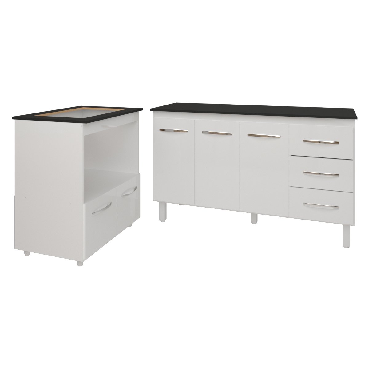 Gabinete Armário Carine 138 cm com Tampo Tampão e Balcão Evelyn Para cooktop 4 Bocas Branco e Preto 