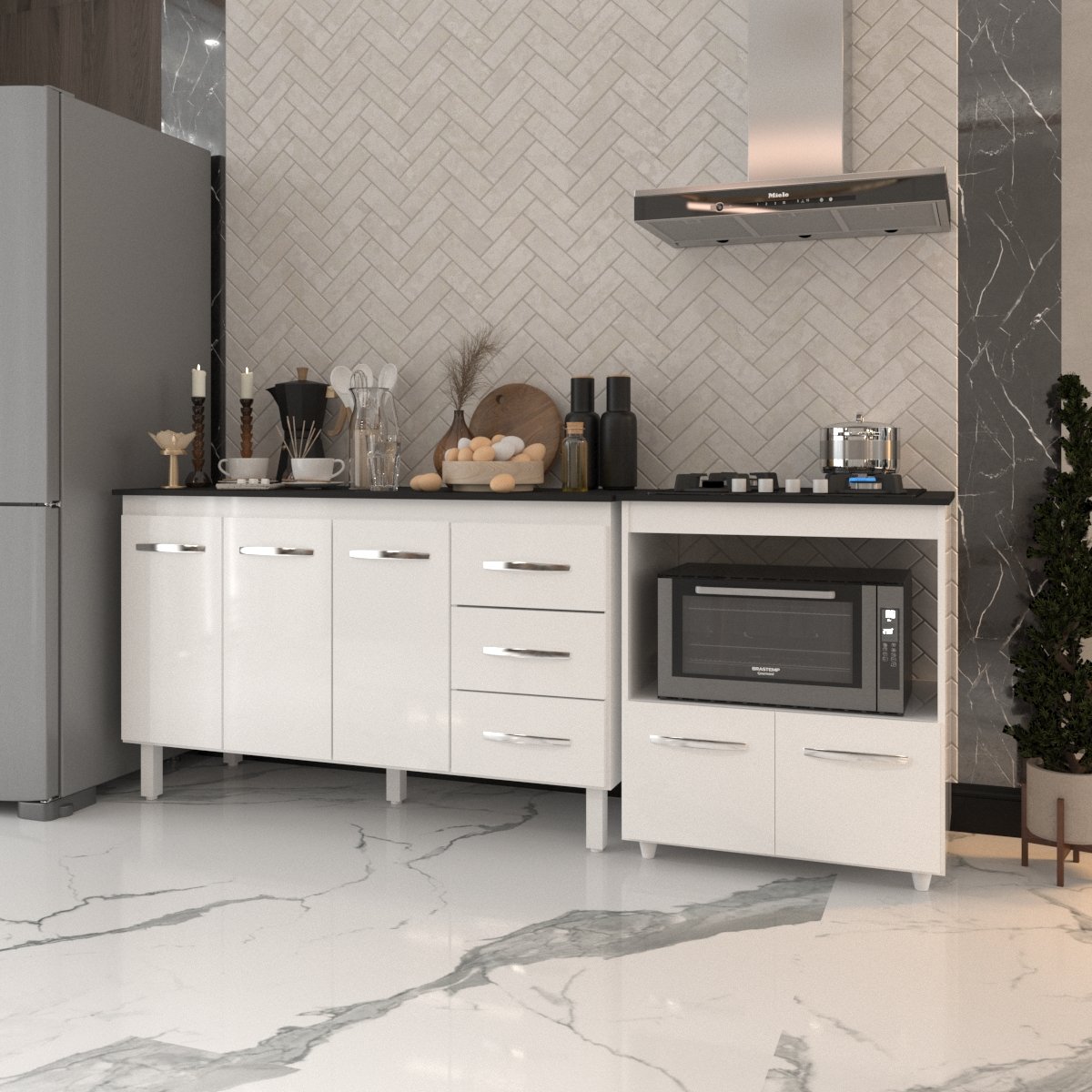 Gabinete Armário Carine 138 cm com Tampo Tampão e Balcão Evelyn Para cooktop 4 Bocas Branco e Preto 