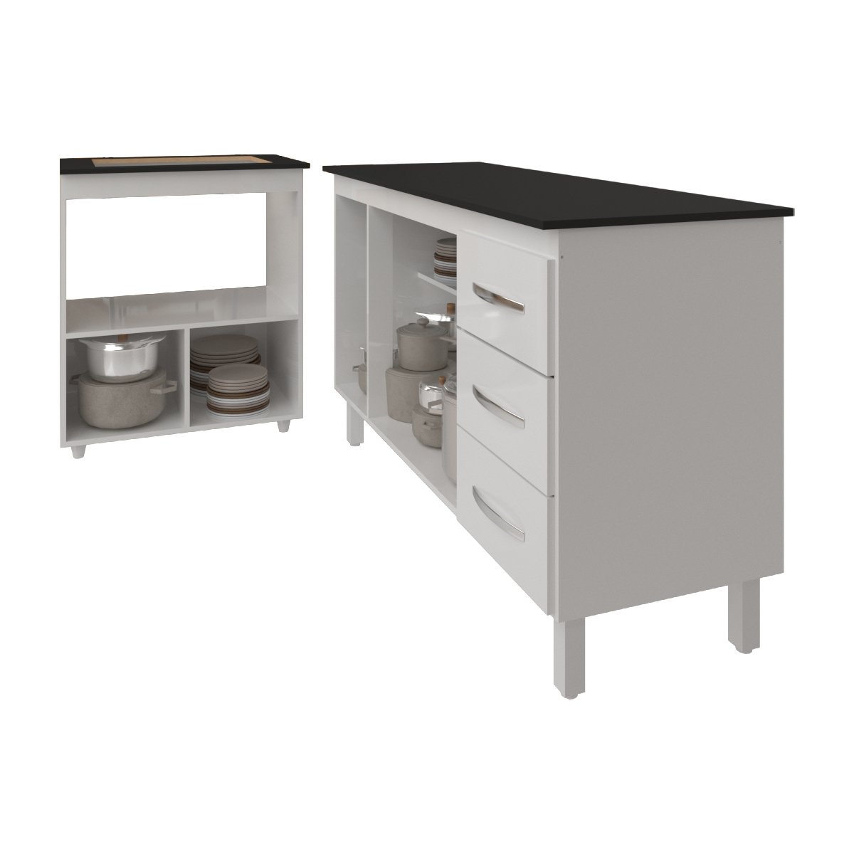 Gabinete Armário Carine 138 cm com Tampo Tampão e Balcão Evelyn Para cooktop 4 Bocas Branco e Preto 