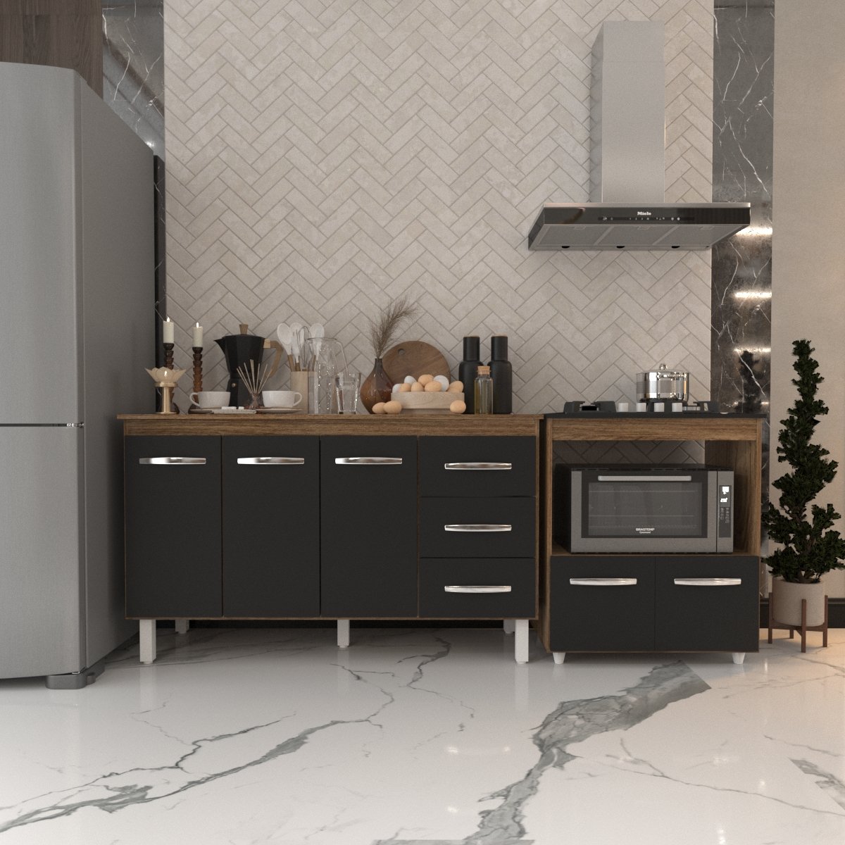 Gabinete Armário Carine 138 cm com Tampo Tampão e Balcão Evelyn Para cooktop 4 Bocas Savana com Preto 