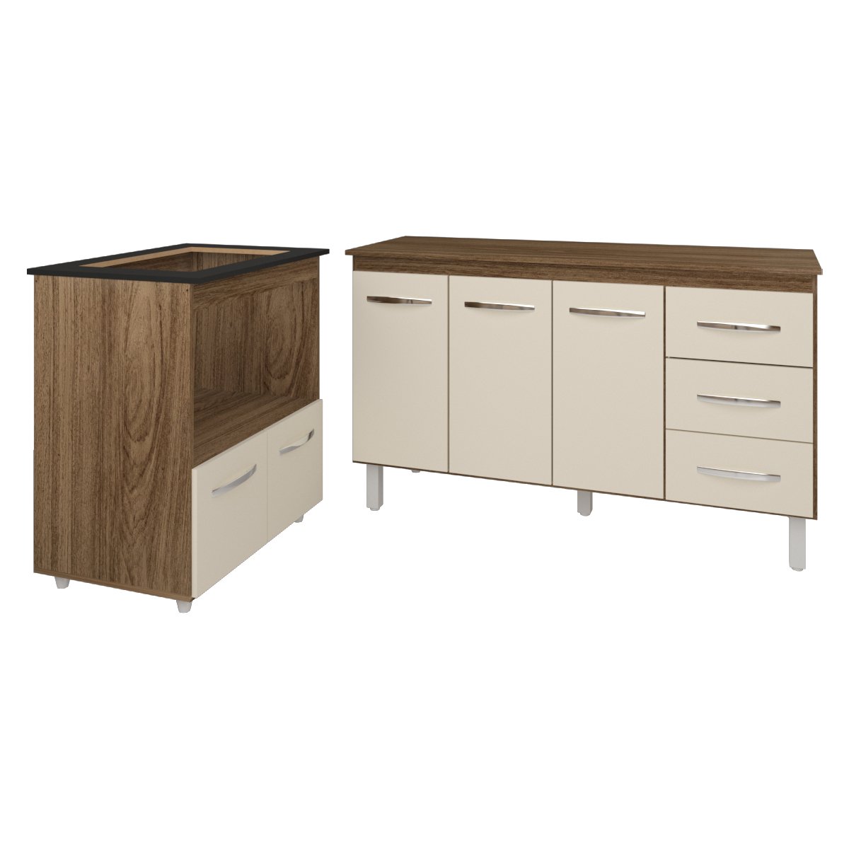 Gabinete Armário Carine 138 cm com Tampo Tampão e Balcão Evelyn Para cooktop 4 Bocas Savana e Off White 