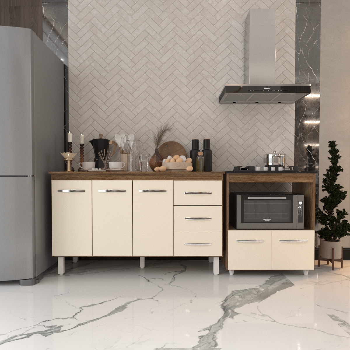 Gabinete Armário Carine 138 cm com Tampo Tampão e Balcão Evelyn Para cooktop 4 Bocas Savana e Off White 