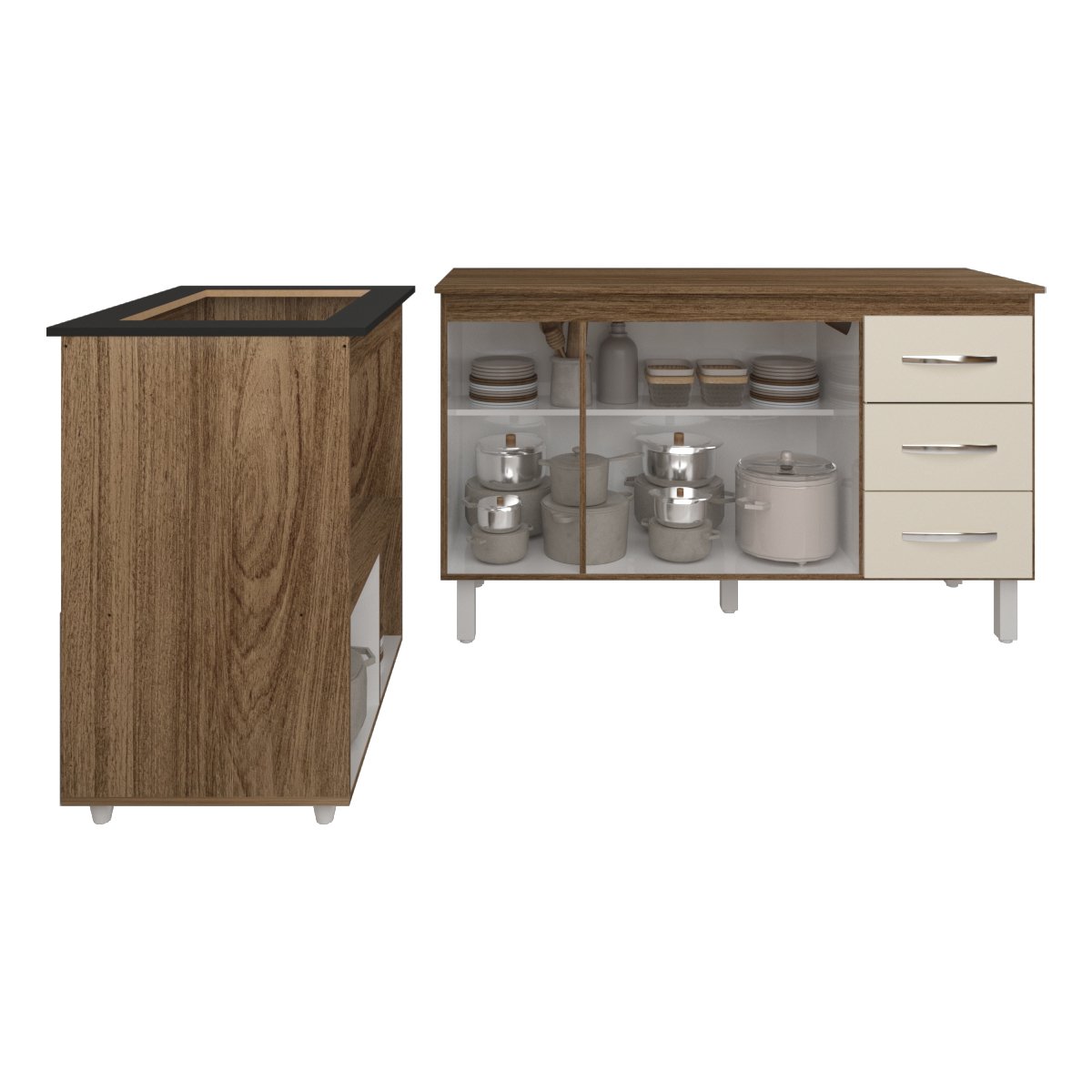 Gabinete Armário Carine 138 cm com Tampo Tampão e Balcão Evelyn Para cooktop 4 Bocas Savana e Off White 