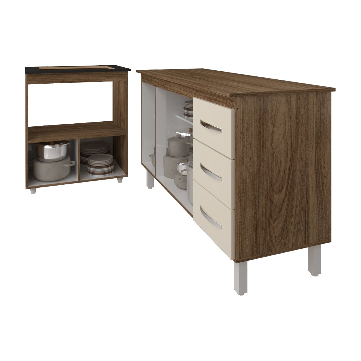 Gabinete Armário Carine 138 cm com Tampo Tampão e Balcão Evelyn Para cooktop 4 Bocas Savana e Off White 