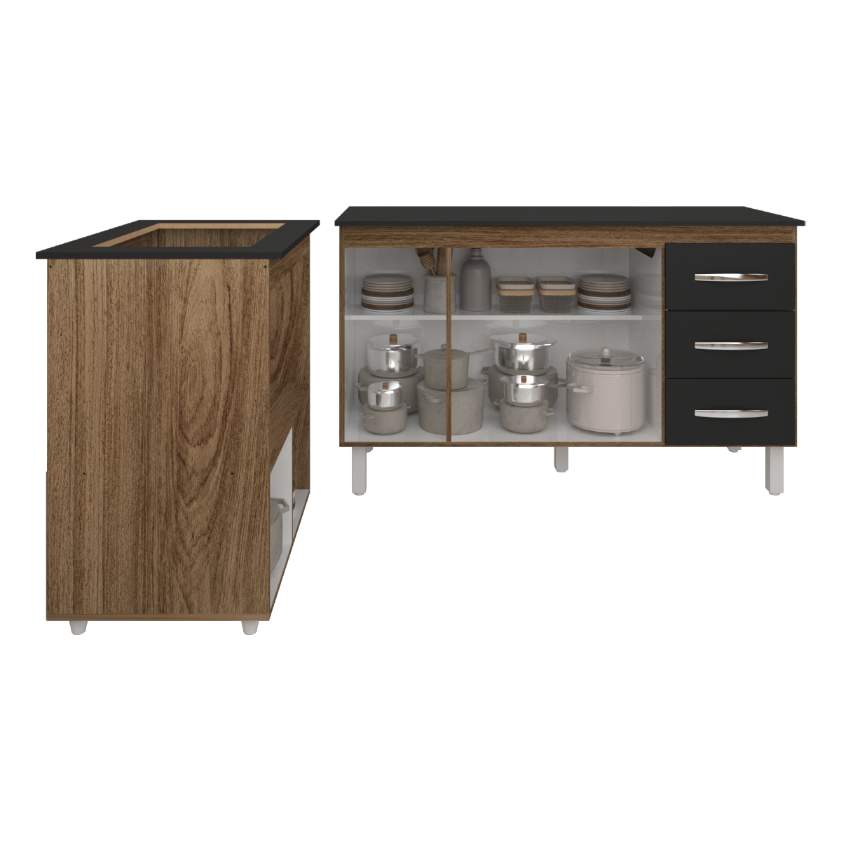 Gabinete Armário Carine 138 cm com Tampo Tampão e Balcão Evelyn Para cooktop 4 Bocas Savana e Preto 