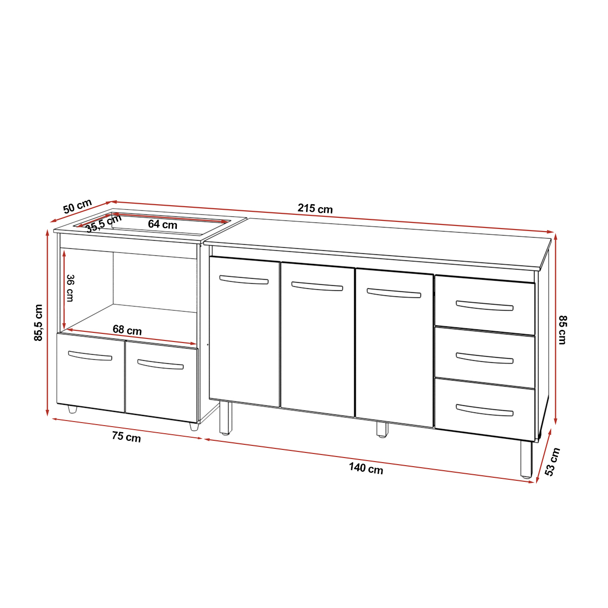 Gabinete Armário Carine 138 cm com Tampo Tampão e Balcão Evelyn Para cooktop 5 Bocas Branco 