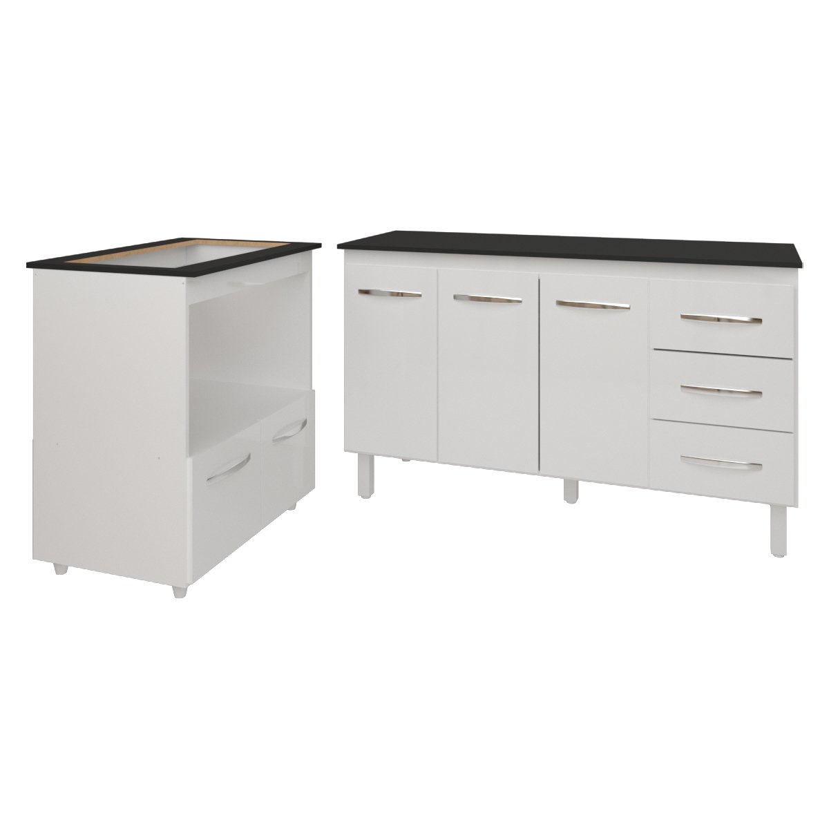 Gabinete Armário Carine 138 cm com Tampo Tampão e Balcão Evelyn Para cooktop 5 Bocas Branco e Preto 