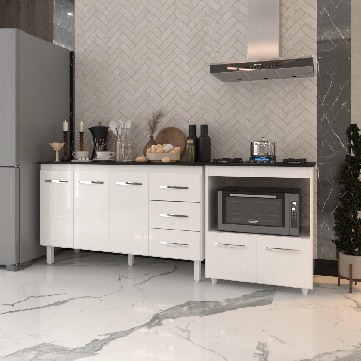 Gabinete Armário Carine 138 cm com Tampo Tampão e Balcão Evelyn Para cooktop 5 Bocas Branco e Preto 
