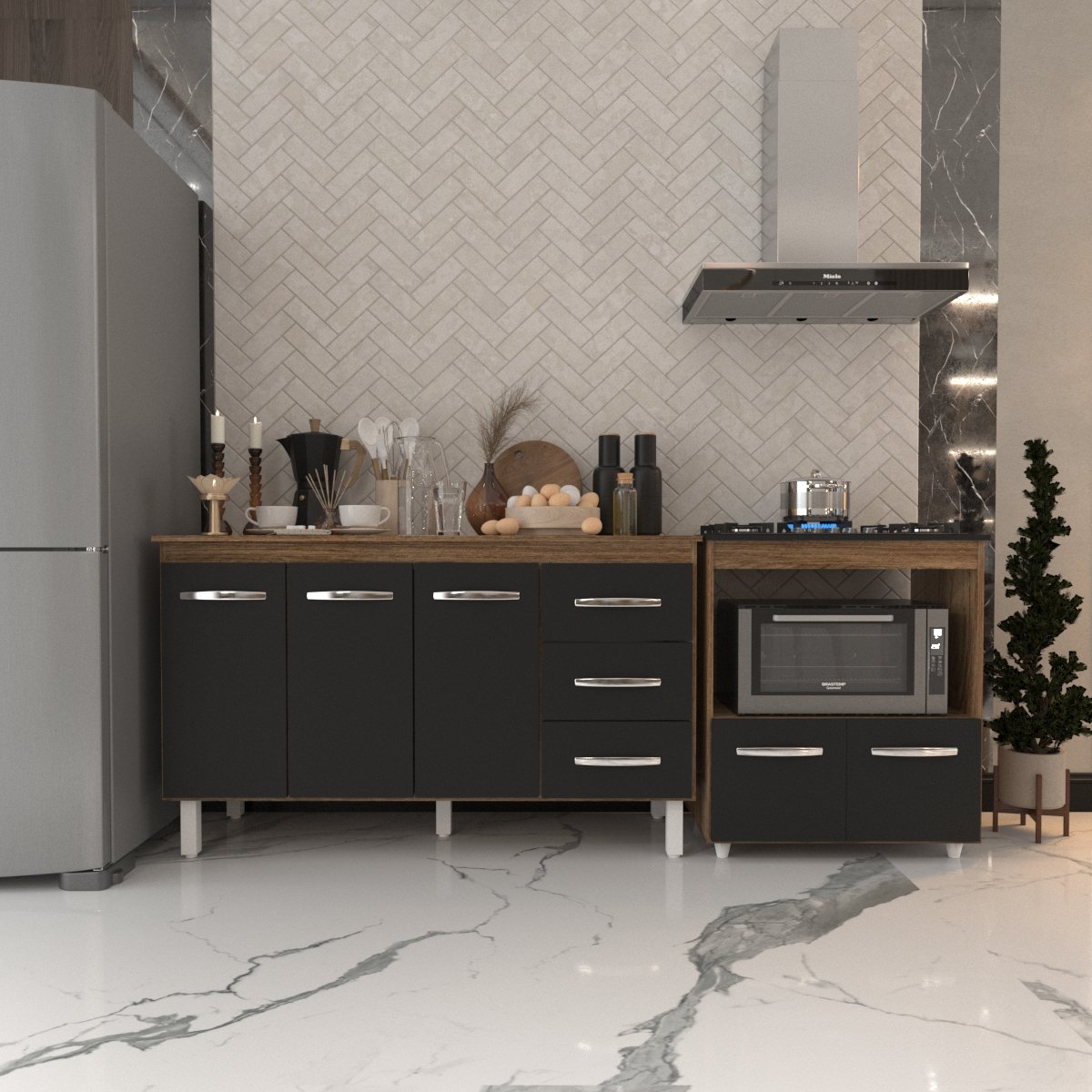 Gabinete Armário Carine 138 cm com Tampo Tampão e Balcão Evelyn Para cooktop 5 Bocas Savana com Preto 