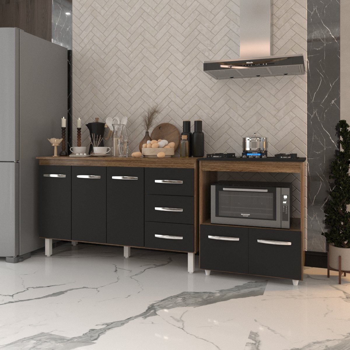 Gabinete Armário Carine 138 cm com Tampo Tampão e Balcão Evelyn Para cooktop 5 Bocas Savana com Preto 