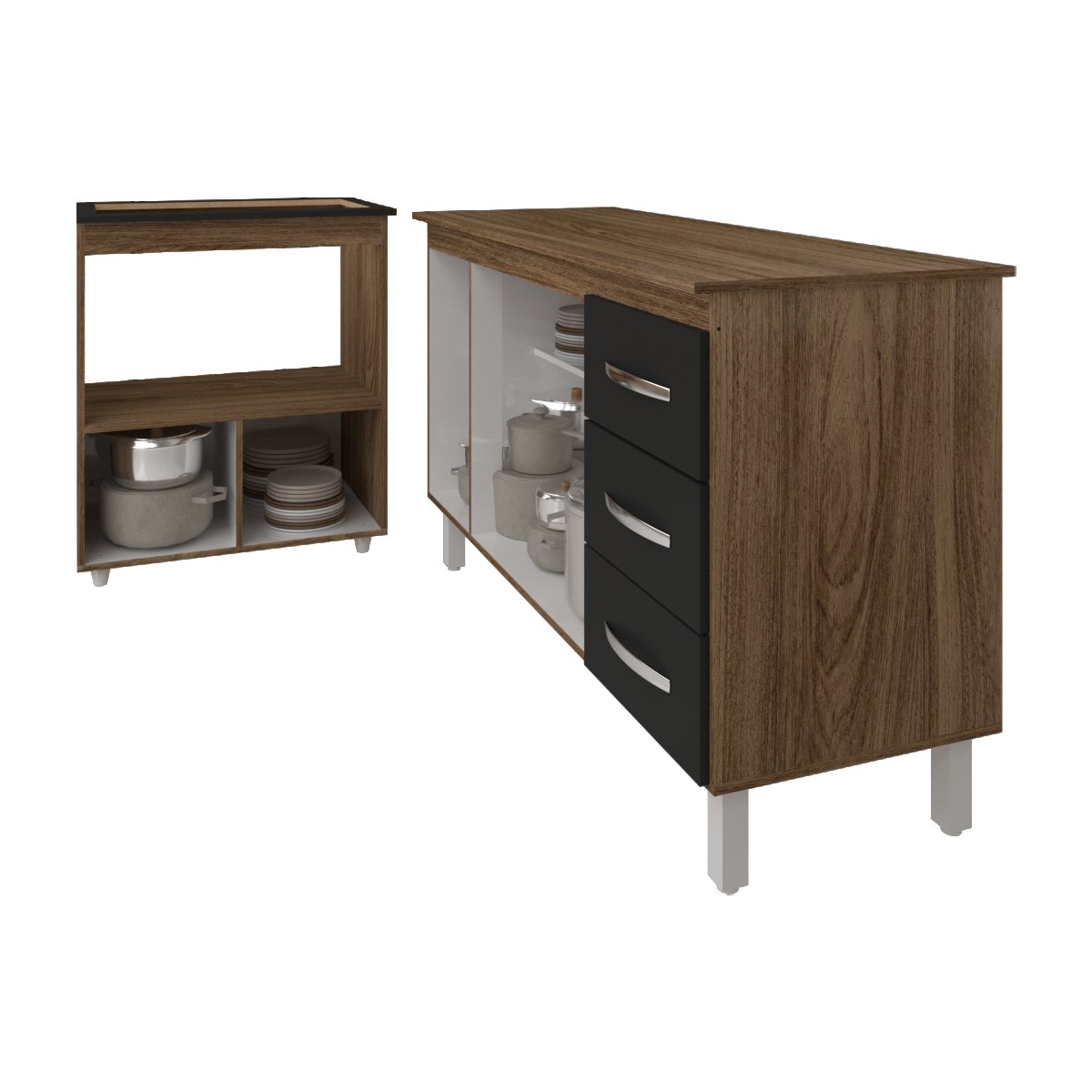Gabinete Armário Carine 138 cm com Tampo Tampão e Balcão Evelyn Para cooktop 5 Bocas Savana com Preto 