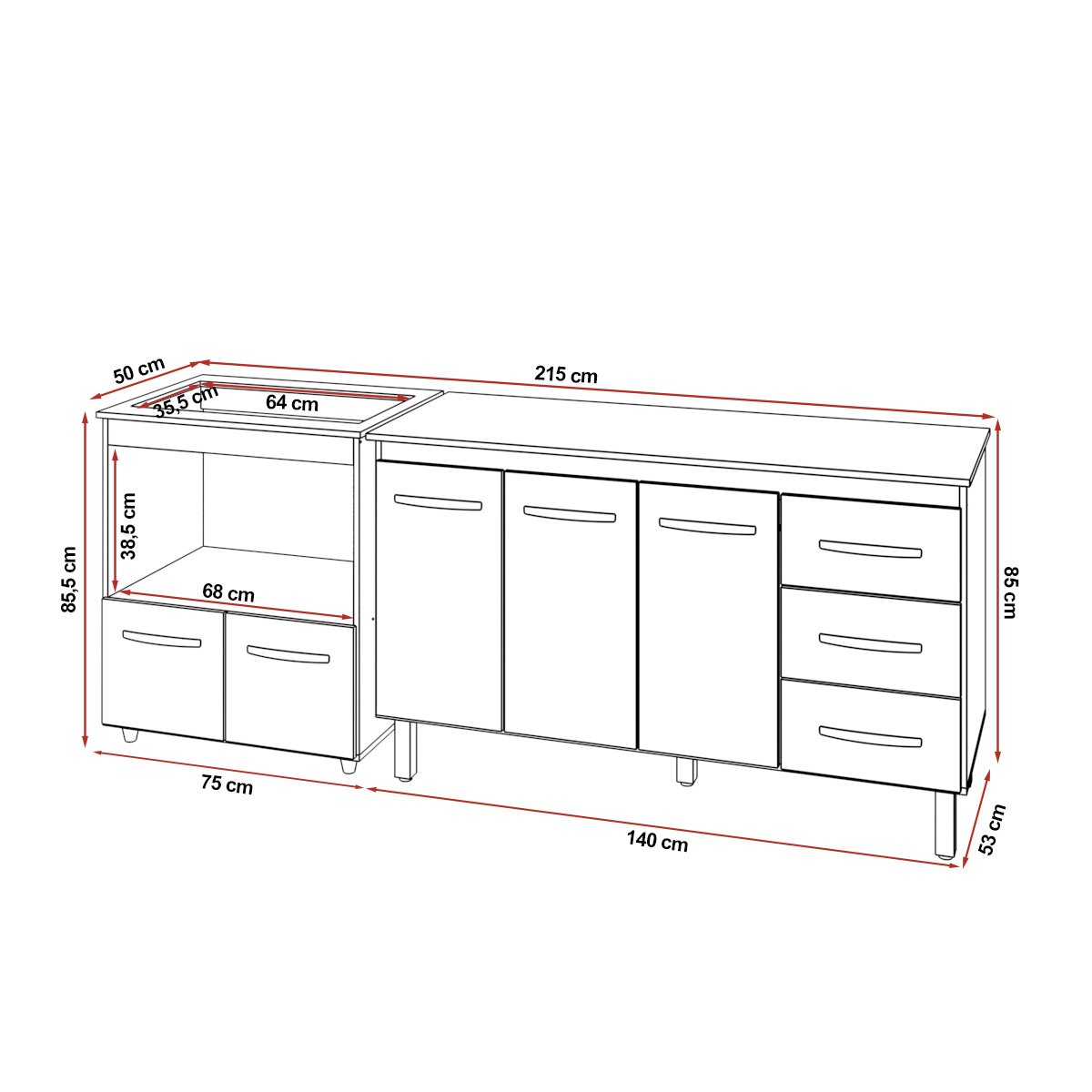 Gabinete Armário Carine 138 cm com Tampo Tampão e Balcão Evelyn Para cooktop 5 Bocas Savana com Preto 
