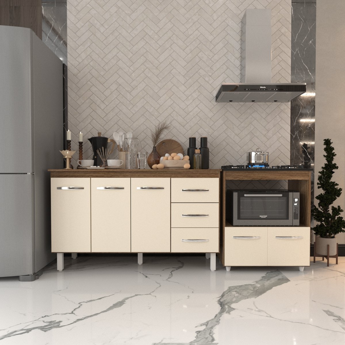 Gabinete Armário Carine 138 cm com Tampo Tampão e Balcão Evelyn Para cooktop 5 Bocas Savana e Off White 