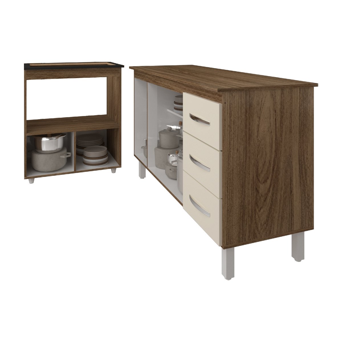 Gabinete Armário Carine 138 cm com Tampo Tampão e Balcão Evelyn Para cooktop 5 Bocas Savana e Off White 