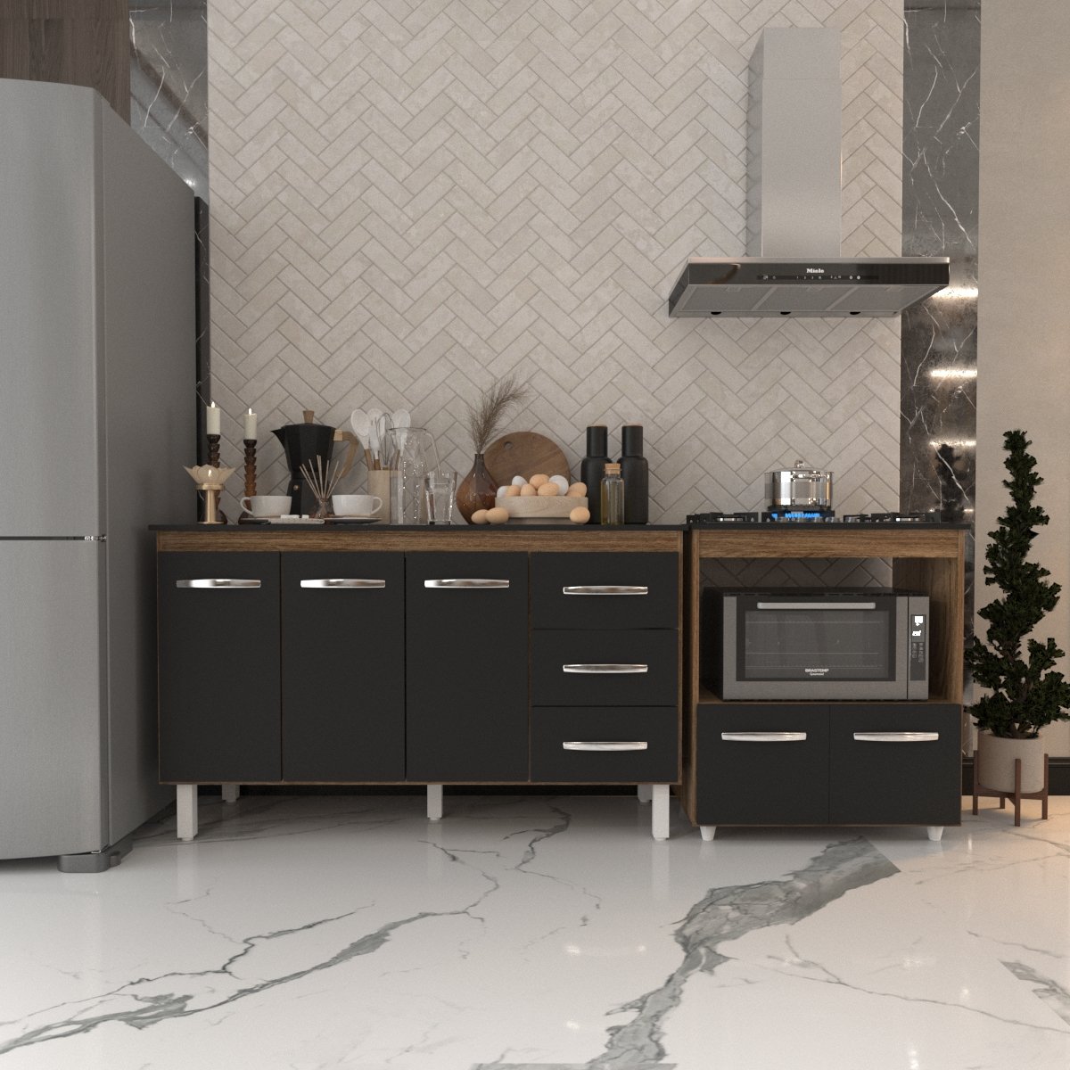 Gabinete Armário Carine 138 cm com Tampo Tampão e Balcão Evelyn Para cooktop 5 Bocas Savana e Preto 