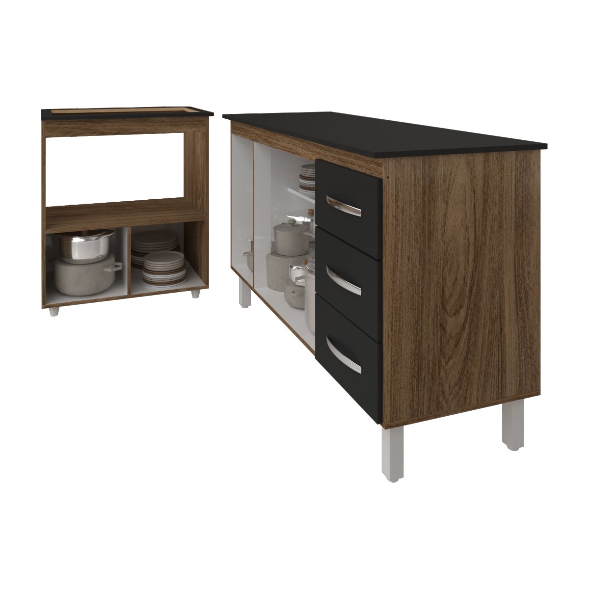 Gabinete Armário Carine 138 cm com Tampo Tampão e Balcão Evelyn Para cooktop 5 Bocas Savana e Preto 