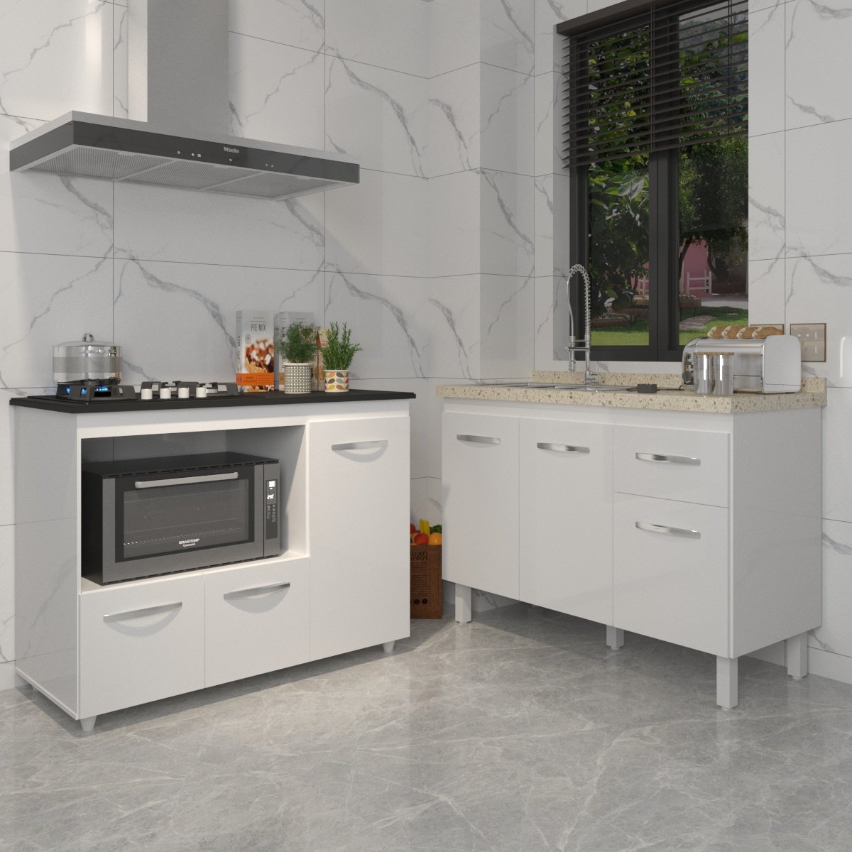 Gabinete Cozinha Armário Balcão de Pia 120 cm Aline e Balcão para Fogão Cooktop 4 Bocas e Forno Alana Branco 