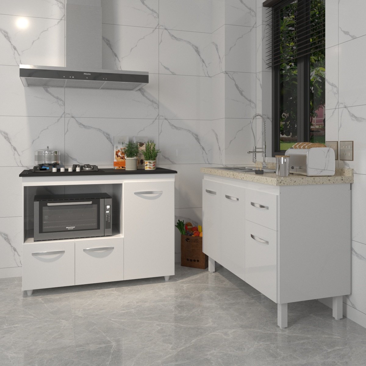 Gabinete Cozinha Armário Balcão de Pia 120 cm Aline e Balcão para Fogão Cooktop 4 Bocas e Forno Alana Branco 