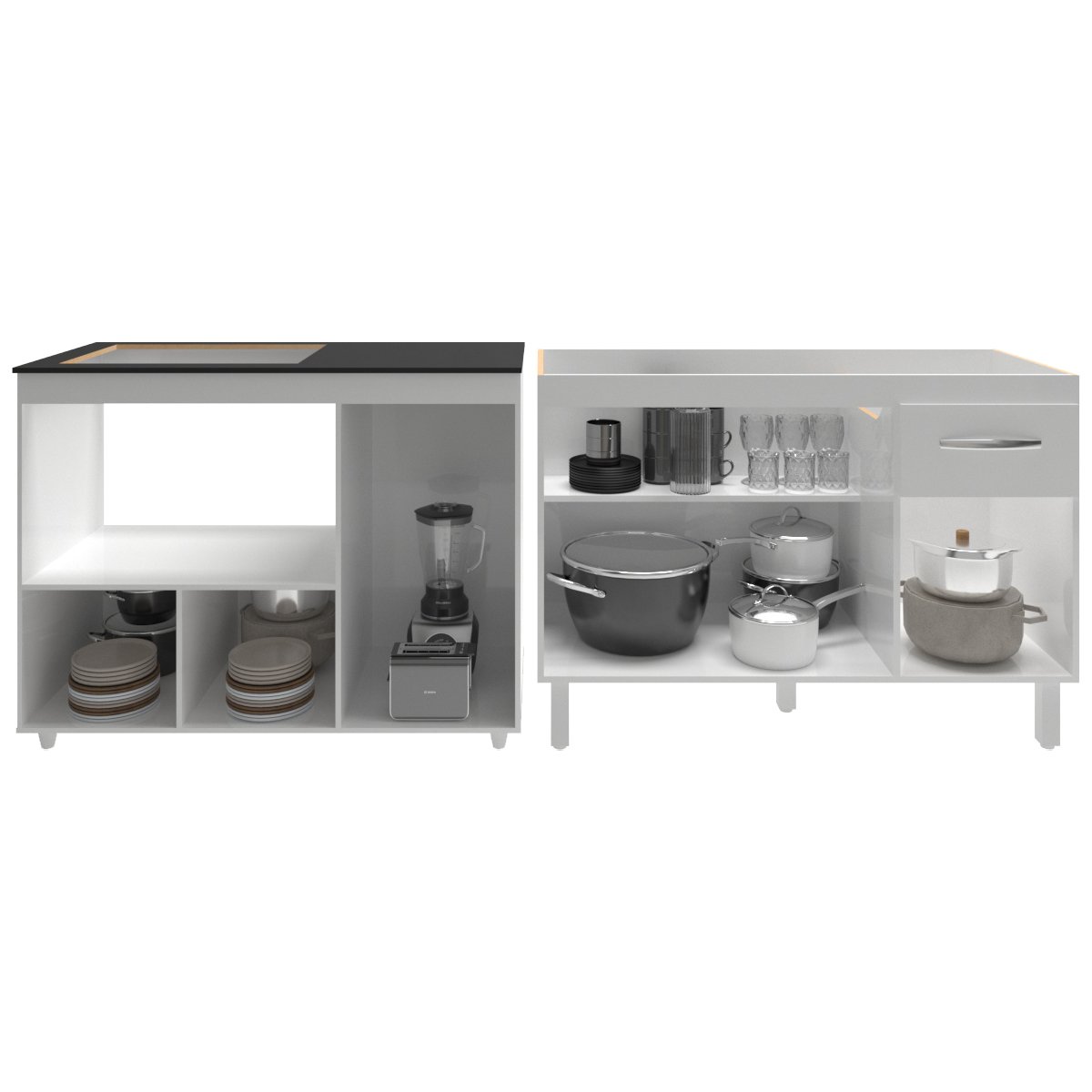 Gabinete Cozinha Armário Balcão de Pia 120 cm Aline e Balcão para Fogão Cooktop 4 Bocas e Forno Alana Branco 