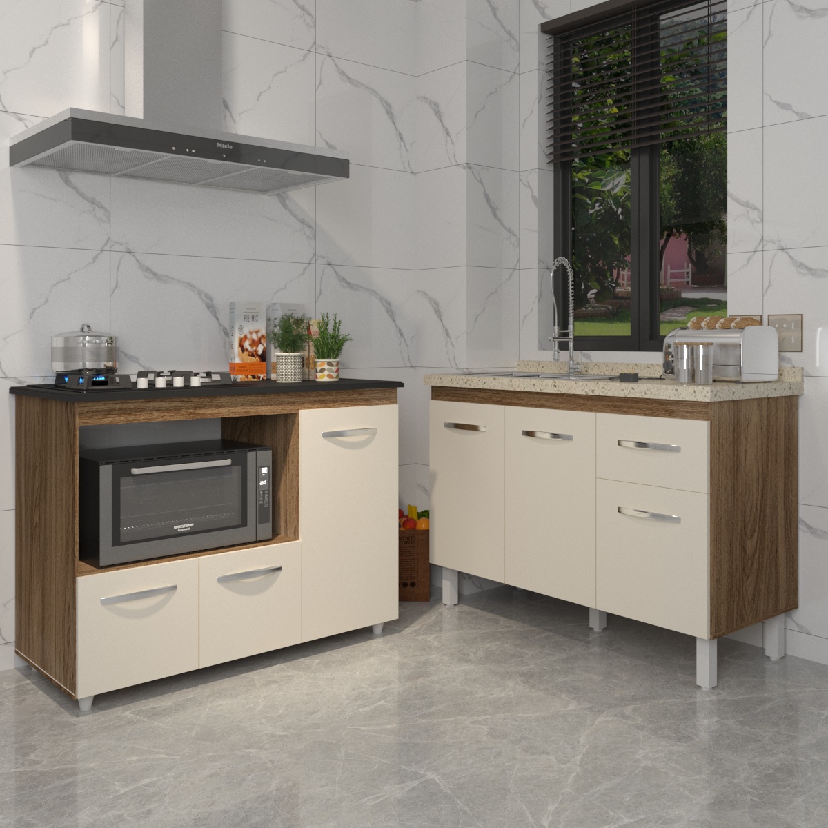 Gabinete Cozinha Armário Balcão de Pia 120 cm Aline e Balcão para Fogão Cooktop 4 Bocas e Forno Alana Savana Off White 