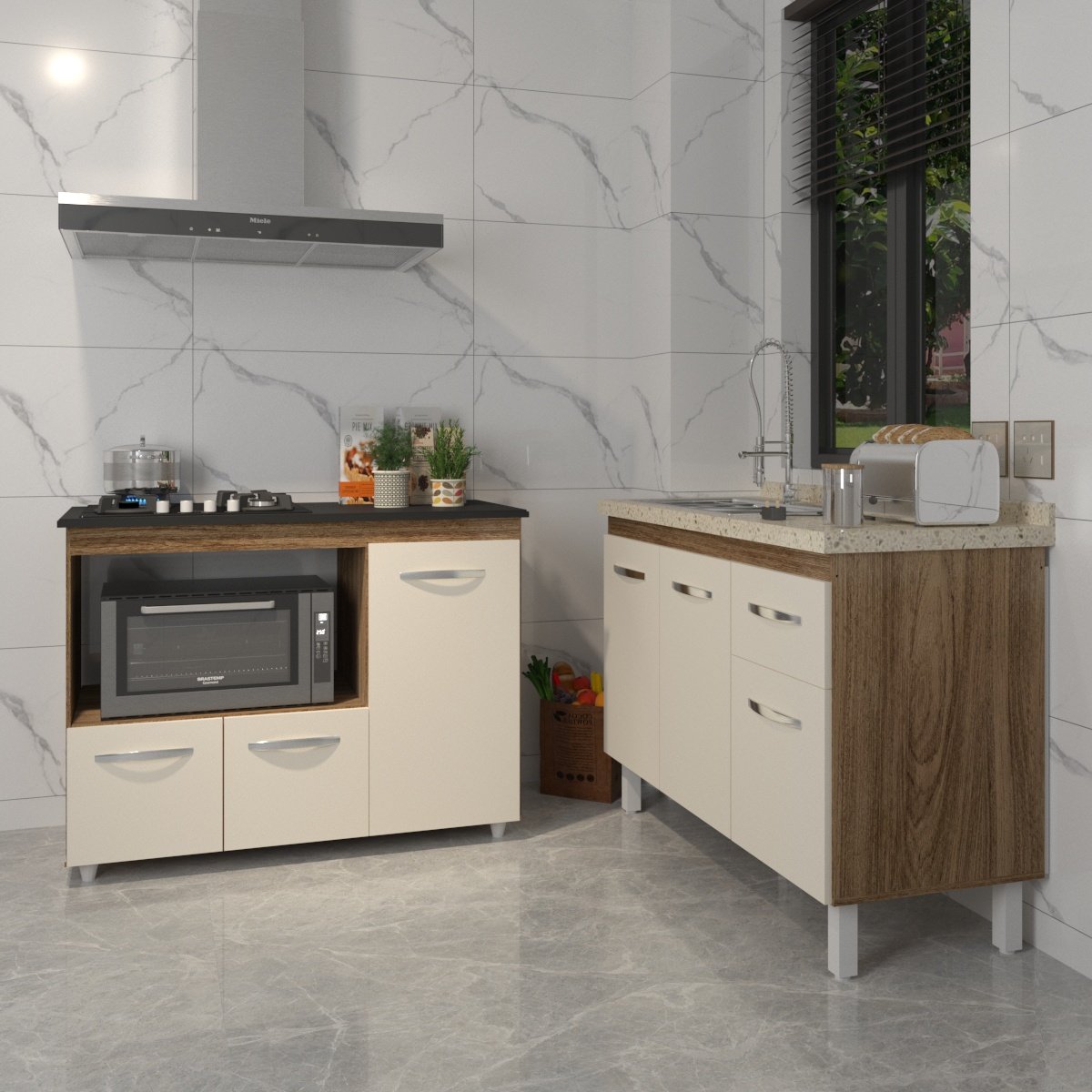 Gabinete Cozinha Armário Balcão de Pia 120 cm Aline e Balcão para Fogão Cooktop 4 Bocas e Forno Alana Savana Off White 