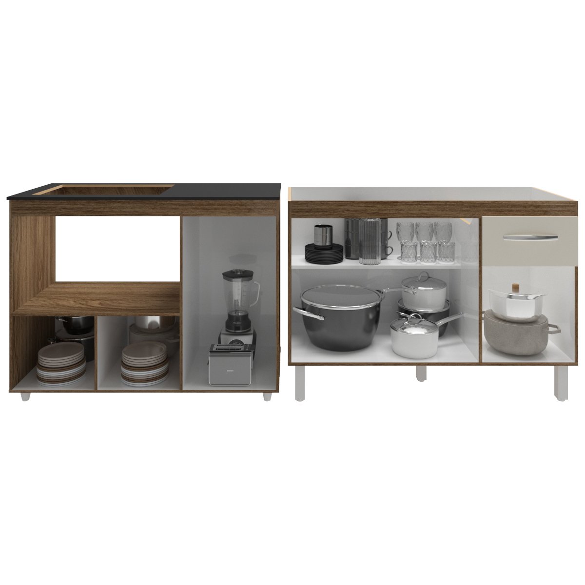 Gabinete Cozinha Armário Balcão de Pia 120 cm Aline e Balcão para Fogão Cooktop 4 Bocas e Forno Alana Savana Off White 