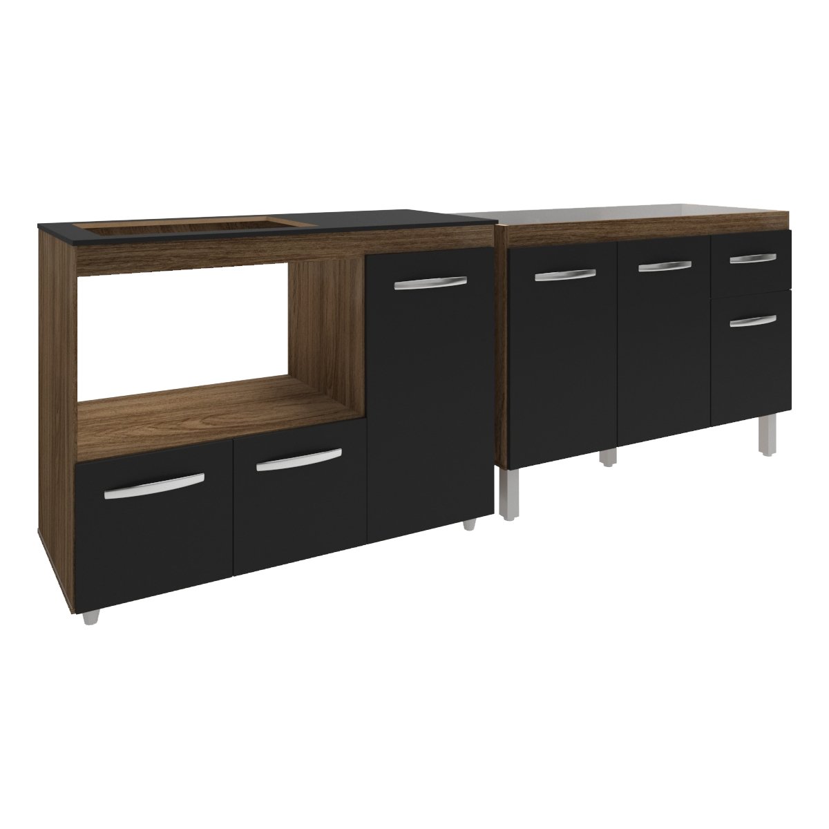Gabinete Cozinha Armário Balcão de Pia 120 cm Aline e Balcão para Fogão Cooktop 4 Bocas e Forno Alana Savana Preto 
