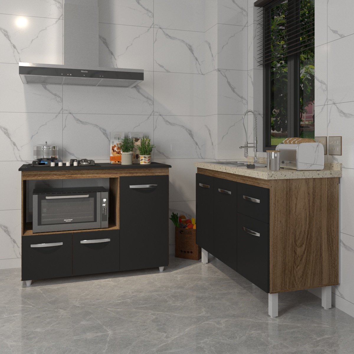Gabinete Cozinha Armário Balcão de Pia 120 cm Aline e Balcão para Fogão Cooktop 4 Bocas e Forno Alana Savana Preto 