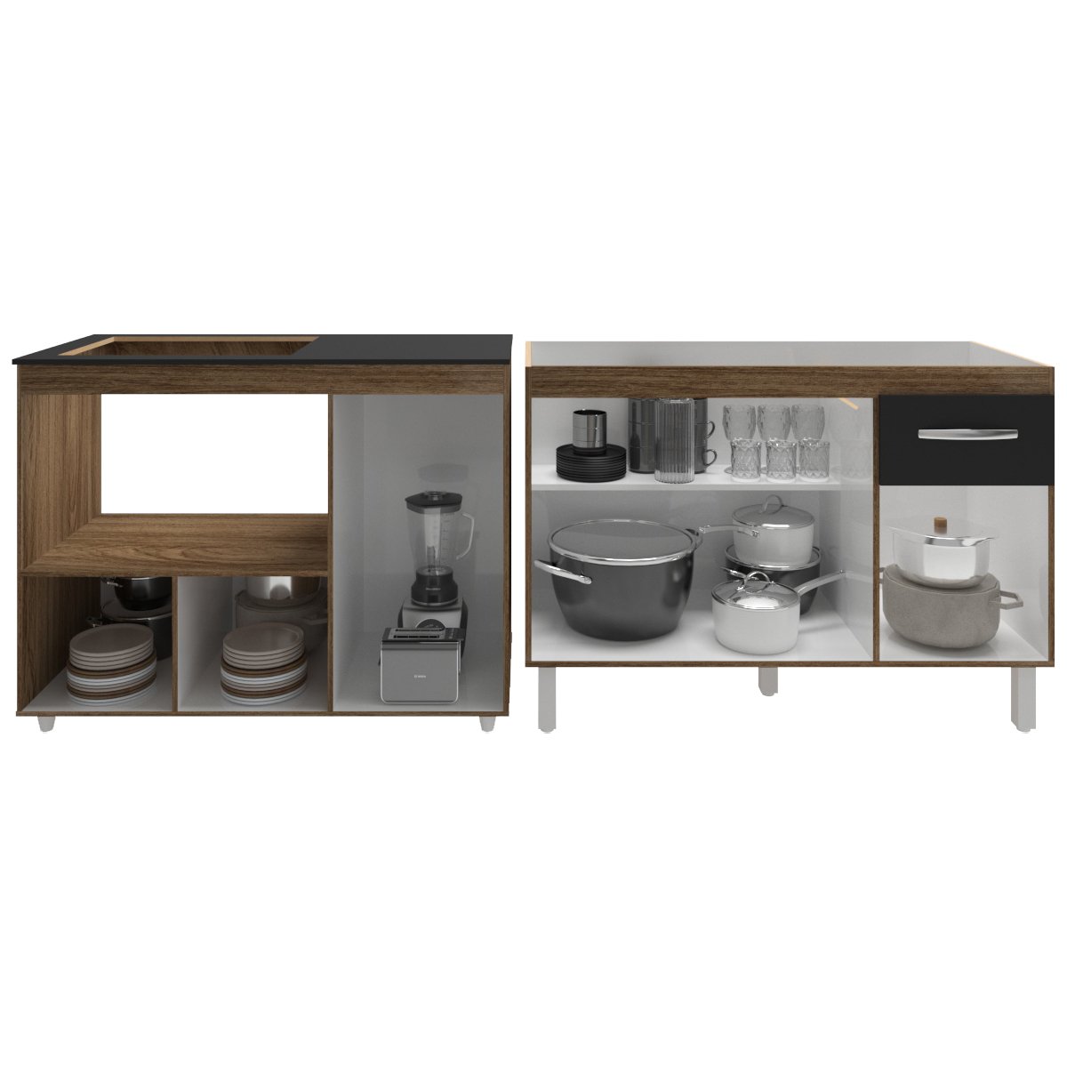 Gabinete Cozinha Armário Balcão de Pia 120 cm Aline e Balcão para Fogão Cooktop 4 Bocas e Forno Alana Savana Preto 