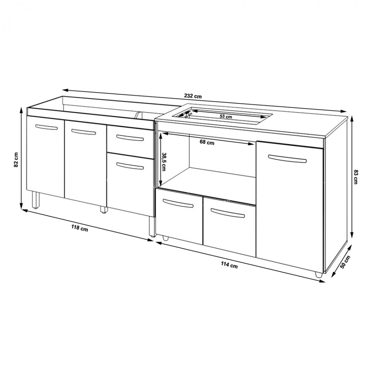 Gabinete Cozinha Armário Balcão de Pia 120 cm Aline e Balcão para Fogão Cooktop 4 Bocas e Forno Alana Savana Preto 