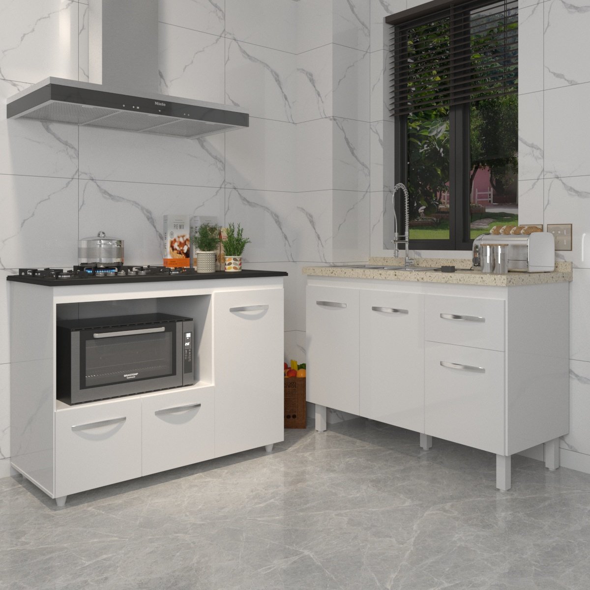 Gabinete Cozinha Armário Balcão de Pia 120 cm Aline e Balcão para Fogão Cooktop 5 Bocas e Forno Alana Branco 