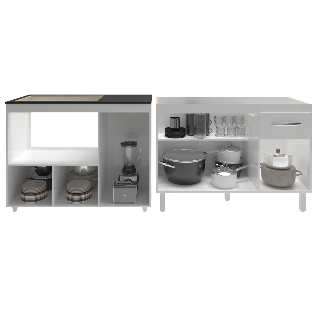Gabinete Cozinha Armário Balcão de Pia 120 cm Aline e Balcão para Fogão Cooktop 5 Bocas e Forno Alana Branco 