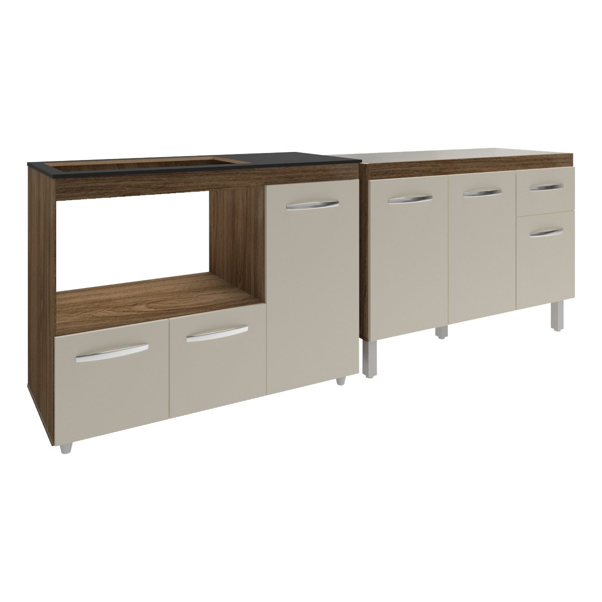 Gabinete Cozinha Armário Balcão de Pia 120 cm Aline e Balcão para Fogão Cooktop 5 Bocas e Forno Alana Savana Off White 