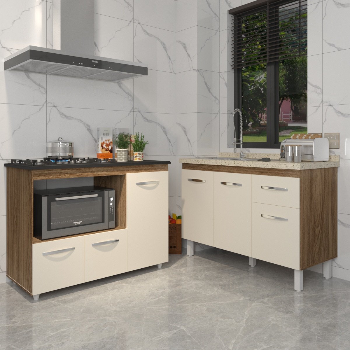 Gabinete Cozinha Armário Balcão de Pia 120 cm Aline e Balcão para Fogão Cooktop 5 Bocas e Forno Alana Savana Off White 