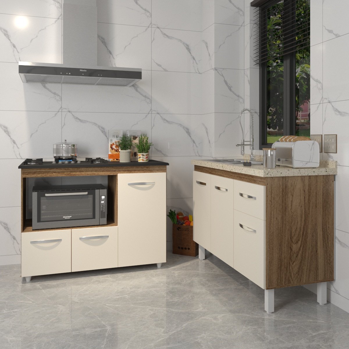 Gabinete Cozinha Armário Balcão de Pia 120 cm Aline e Balcão para Fogão Cooktop 5 Bocas e Forno Alana Savana Off White 