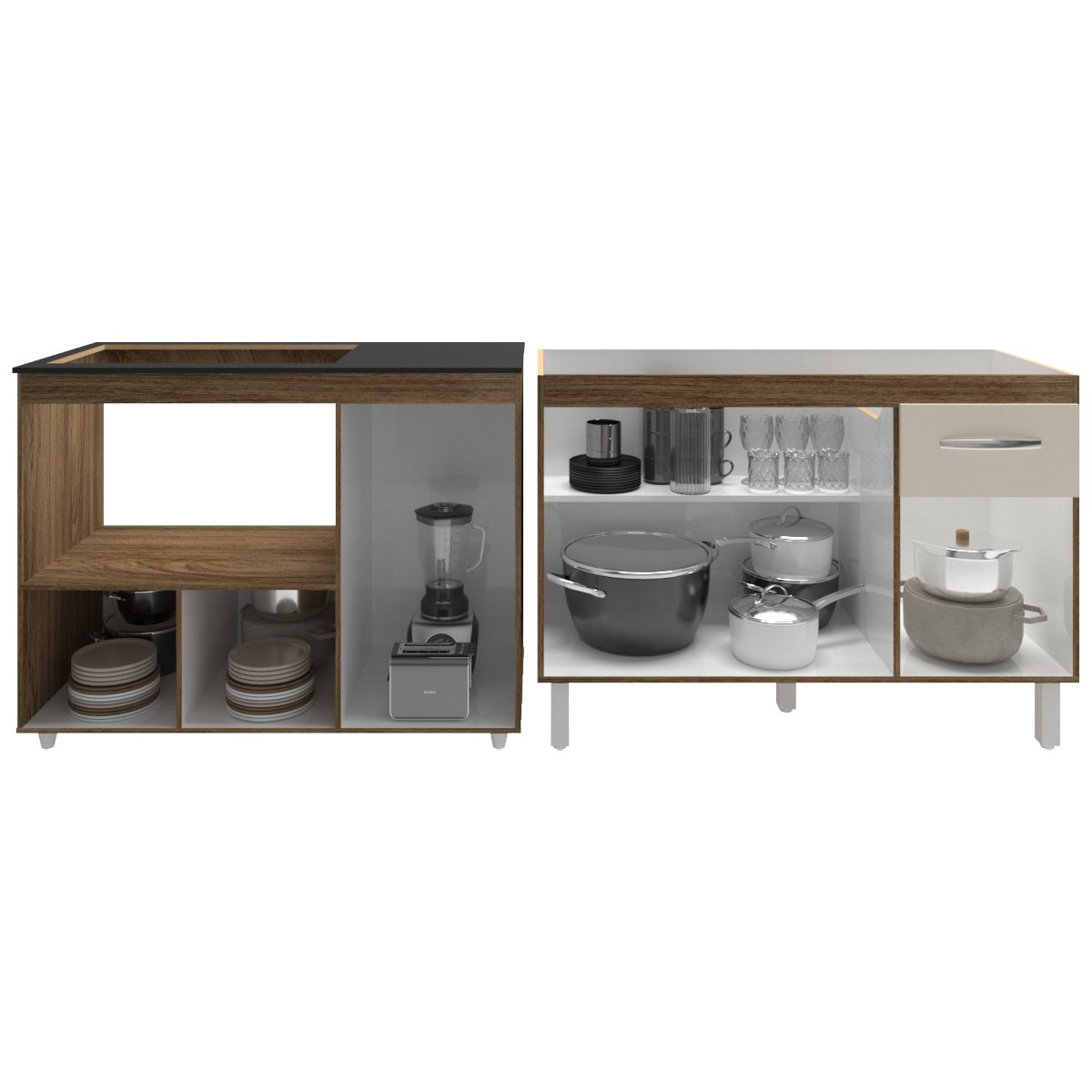 Gabinete Cozinha Armário Balcão de Pia 120 cm Aline e Balcão para Fogão Cooktop 5 Bocas e Forno Alana Savana Off White 