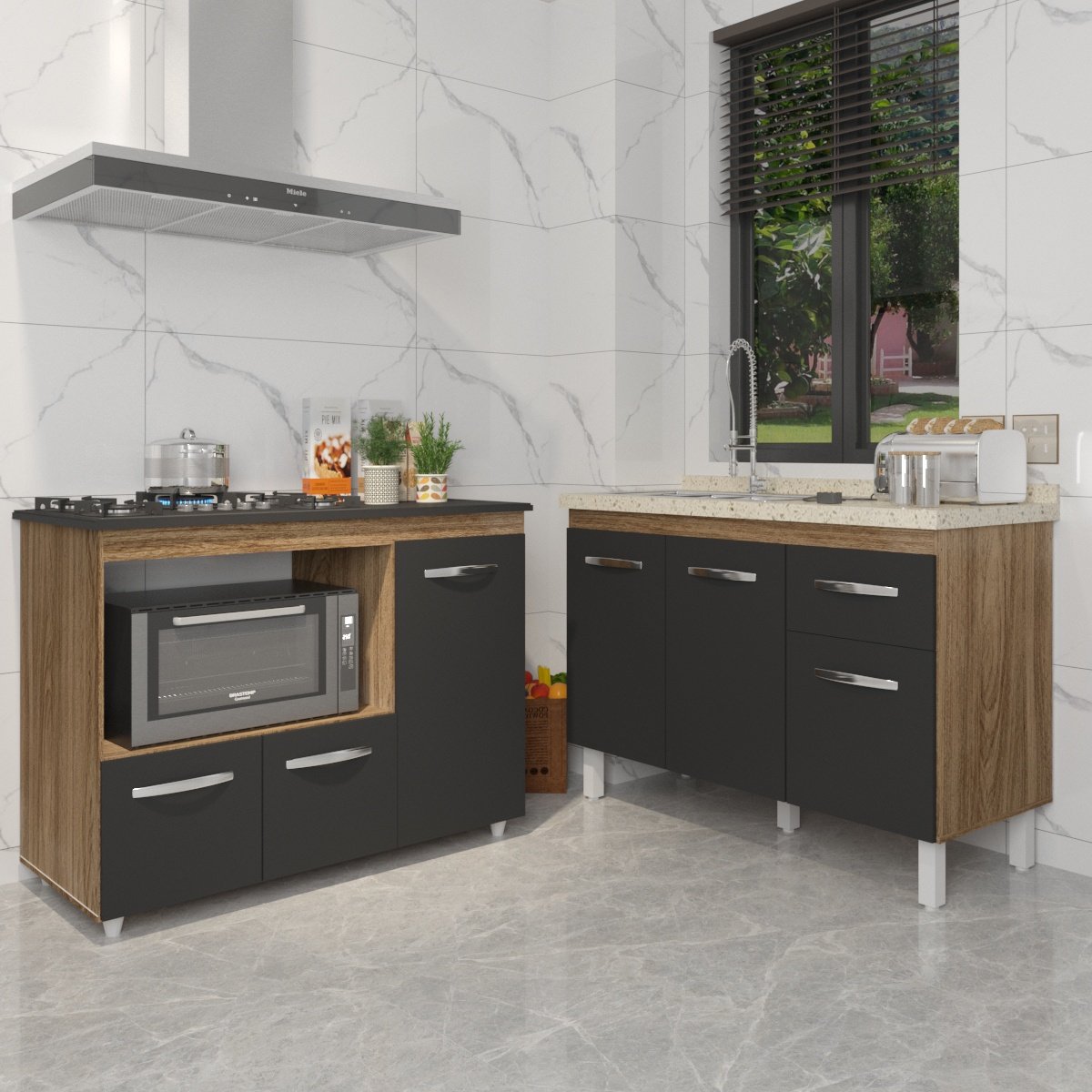 Gabinete Cozinha Armário Balcão de Pia 120 cm Aline e Balcão para Fogão Cooktop 5 Bocas e Forno Alana Savana Preto 